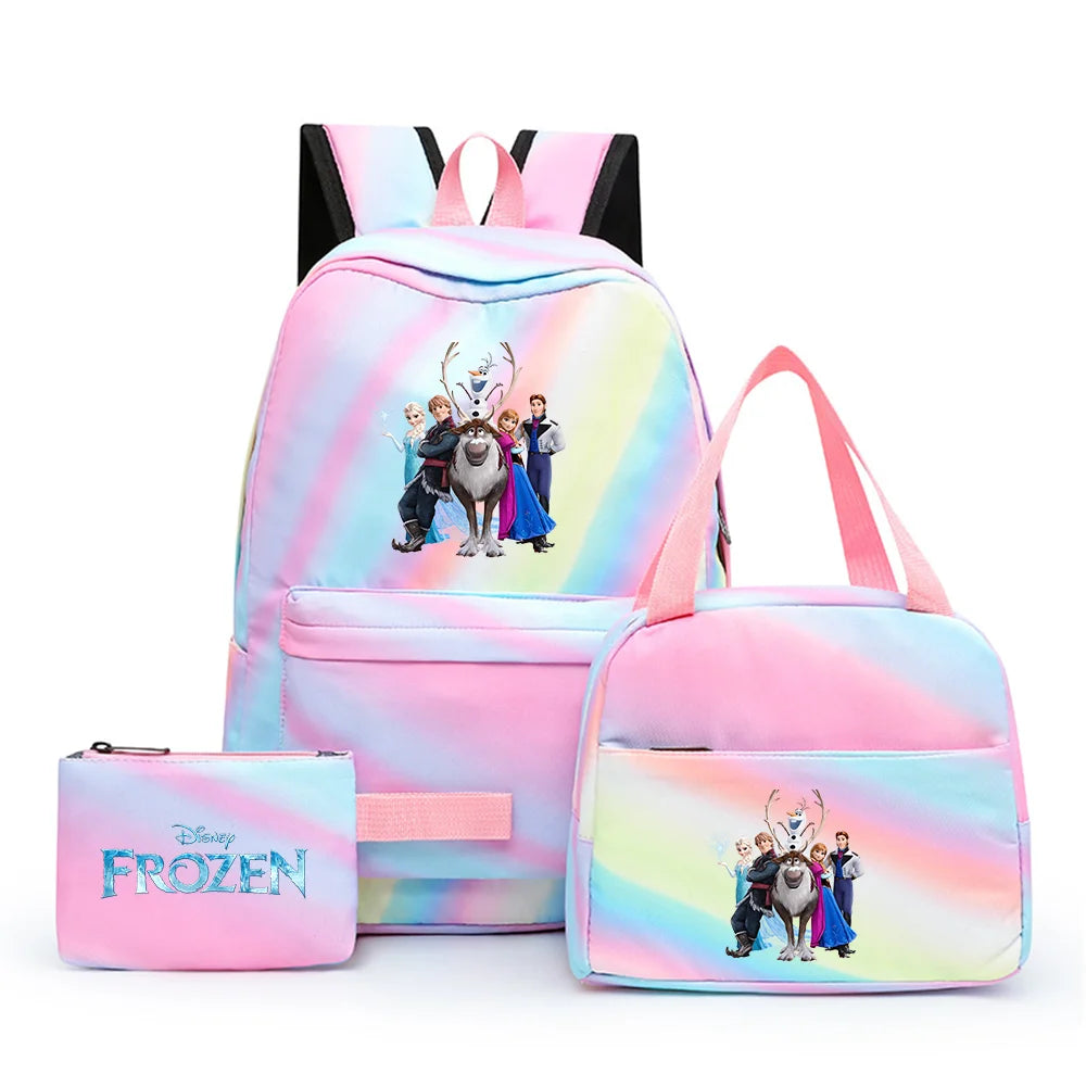 Disney Kids Cute Cartoon Frozen Movie-Elsa-Anna Multicolor Large Waterproof Nylon Fabric Zipper Pockets Shoulder Straps-Handle Single Compartment School Backpacks Sets/ Lunch Bag/Pencil Bag/Colors-Pink/Blue/Multicolor