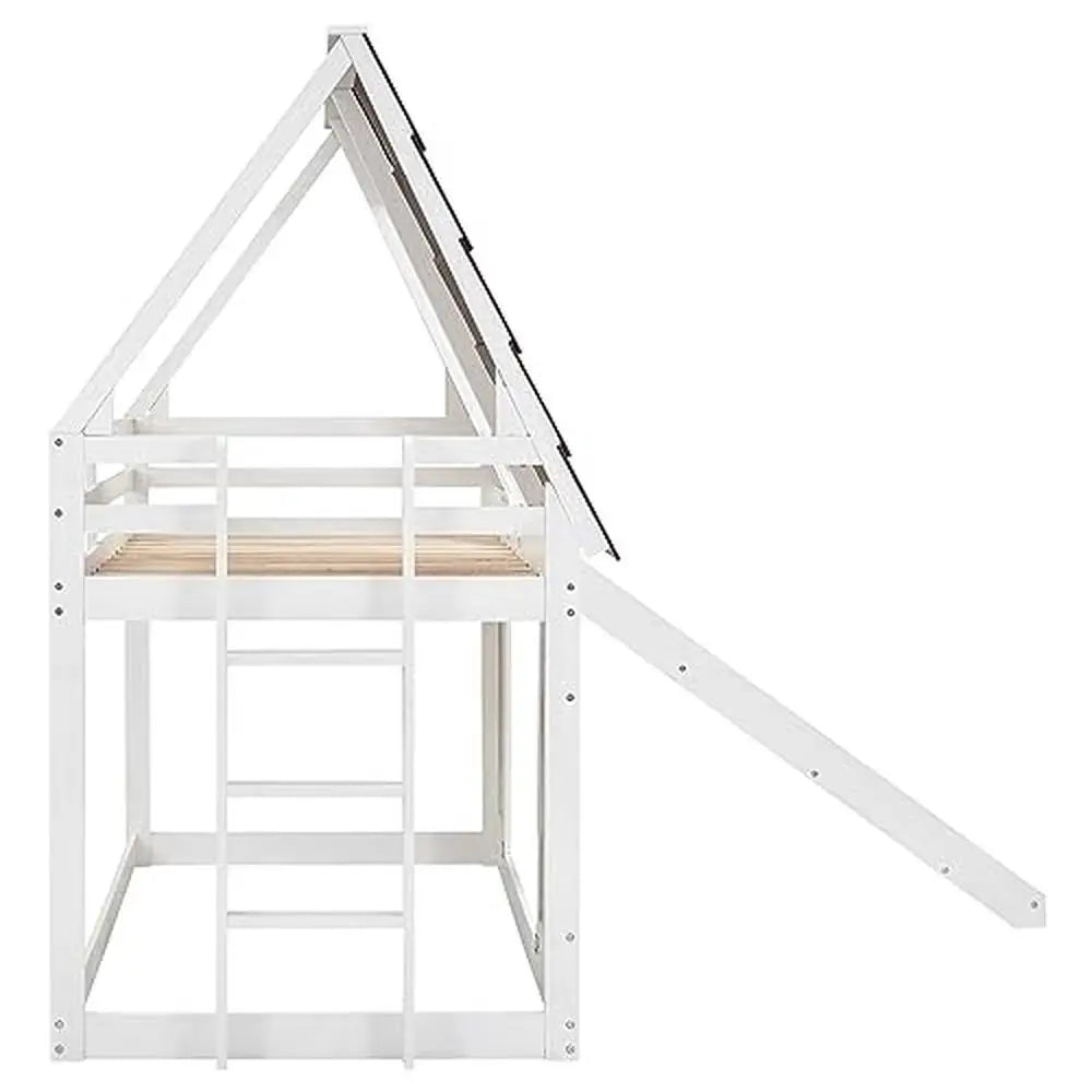 DUTRIEUX Modern Rustic Painted White-Brown Pine Wood Playhouse Shaped Framework Ladder On The Side Slide In Front Twin Low Bunk Beds-Bed Frames Sets /Weight Max: 400 LBS/Slats Included