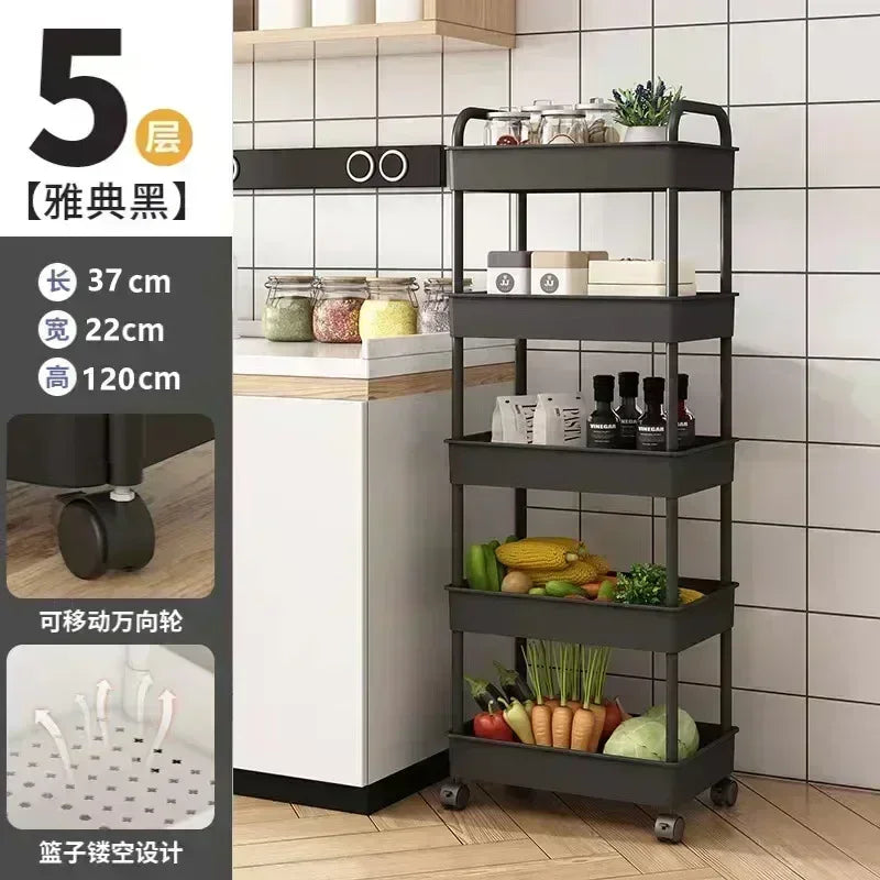 3-5 Tiers Plastic Kitchen Shelves Storage Caddies/4 Wheels/Colors-White/Black