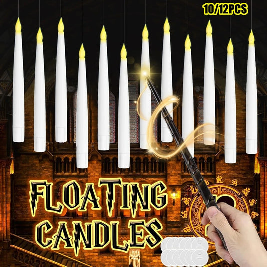 10-12 PCS Plastic LED White Cylindrical Magic Wand Remote Control Floating Flameless Candles/20m Fishing Line/10-12 Hooks/1 AA batteries (not included)/1 AAA battery (not included)