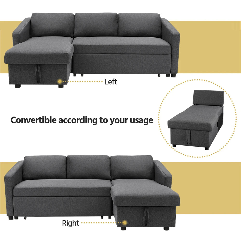 LIVING AND HOME Modern Medium Firm L-Shaped Soft Comfortable Three-Seater Dark Gray Upholstered Padded Hard-Wearing Fabric Foam Cushions Pull-Out Large Double Bed Sleeper With Wheels Wood Frame Left Hand Sectional Sofas/ Hidden Storage
