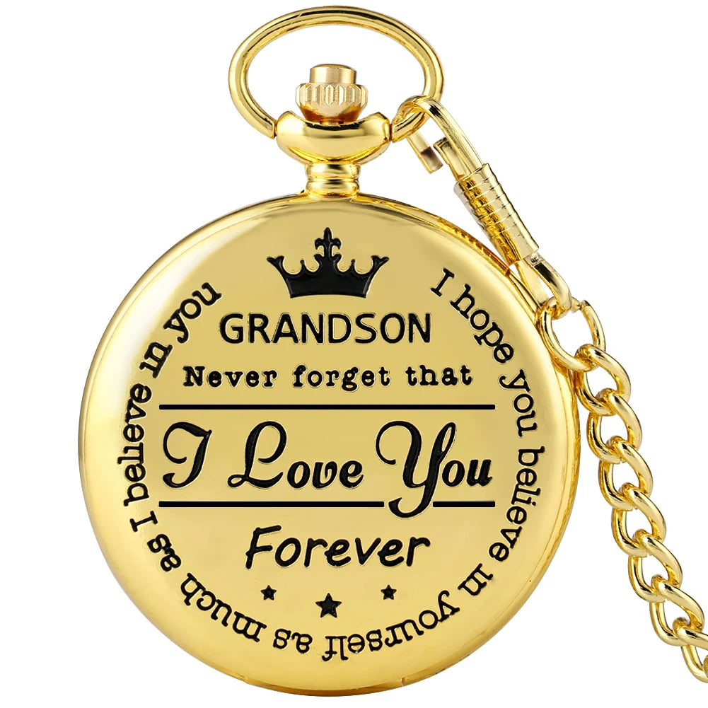YISUYA Adults Quartz Analog Display Round Gold Metal Alloy Case Acrylic Face Engraved To My Grandson Never Forget That I Love You Forever Design Gold Chain-Pocket Watches /Colors-Bronze/Gold/Black