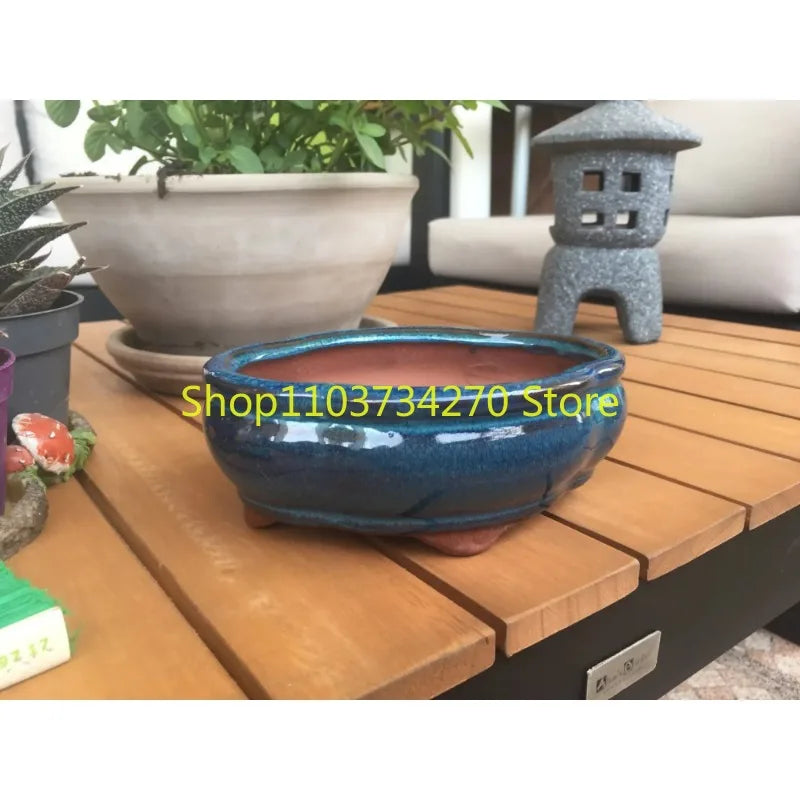 No-EN-Name-Null Home Garden Lightweight Glazed Ceramic Blue-Green Round Shaped Chinese Bonsai Desktop Flower Pots/Colors-Blue/Green/Purple/Brown