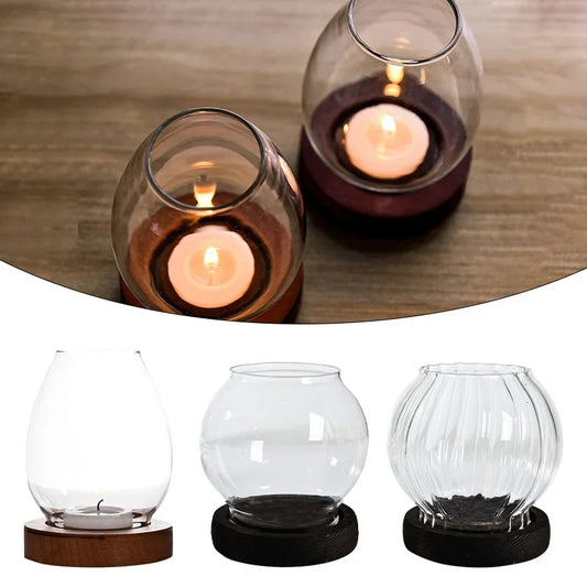 No-EN-Name-Null Modern Windproof Round Clear Transparent Glass Shades Round Brown-Black Wood Base Tealight Candle Holders