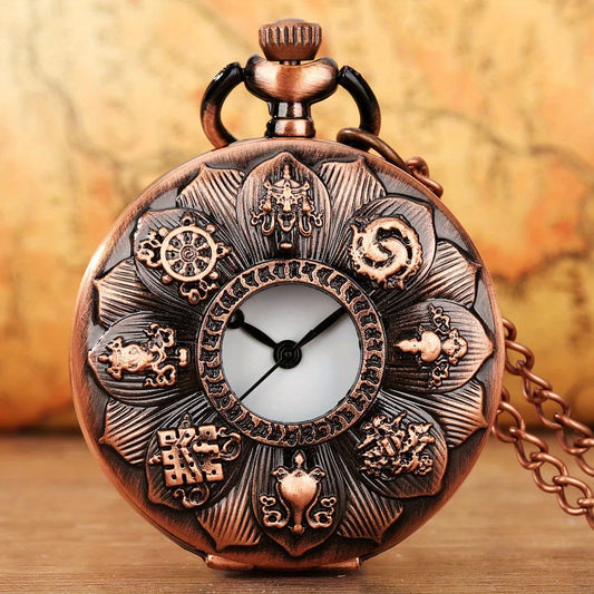 RUNERR MEN Vintage Quartz Digital Display Bronze Metal Alloy Case Glass Face Electronic Drive Mode Hollow-Out Engraved Lotus Flower-Animals Front Design Bronze Chain-Pocket Watches