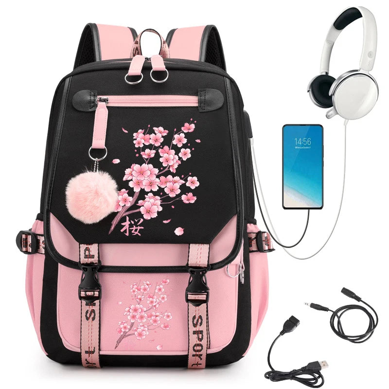 No-EN-Name-Null Women Black-Pink Cherry Blossoms External Double Front Pockets Multicolor Canvas Fabric Curve Back Metal Zipper USB Charging Nylon Lining Detachable S-Shaped Shoulder Straps-Handle School Backpacks/One IPAD Compartment/Side Pocket