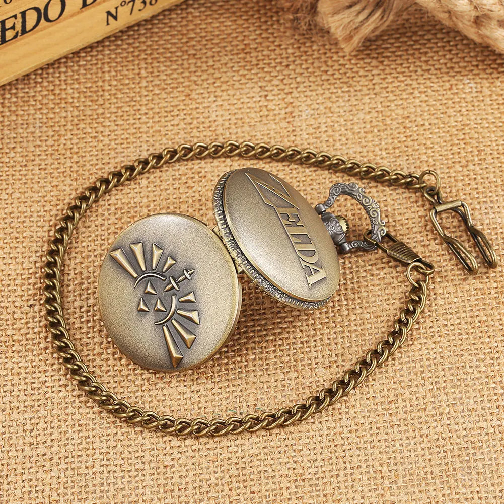 YISUYA Adults Antique ZELDA Design Quartz Acrylic Face Analog Display Steampunk Retro Bronze Round Shaped Metal Alloy Case Bronze Thick-Thin Pendant Necklace Chain-Pocket Watches