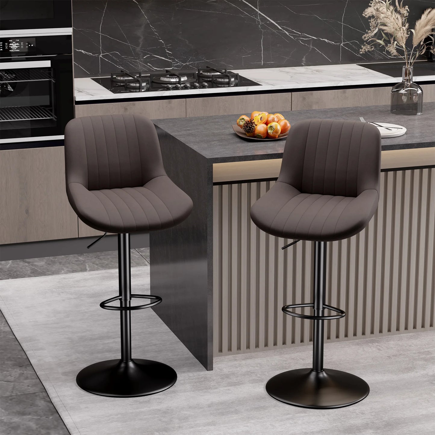 No-EN-Name-Null 2 PCS Waterproof Low Backrest Armless Upholstered Padded Shell Shaped Soft Faux Leather Fabric Seat Cushion Black Metal Round Base-Footrest Bar Kitchen-Dining Room Chair Sets /Colors-White/Beige/Gray/Black/Brown