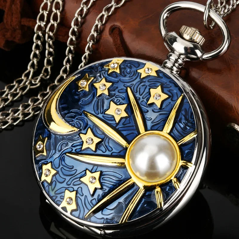 WECIN Adults Quartz Glass Face Metal Round Arabic Numeral On Front Blue Sea-Bronze Stars-Half Moon-Sun Inlaid Pearl-Geometric Silver Back Design Pendant Chain-Pocket Watches/Colors-Blue/Silver/Gold/White/Geometric