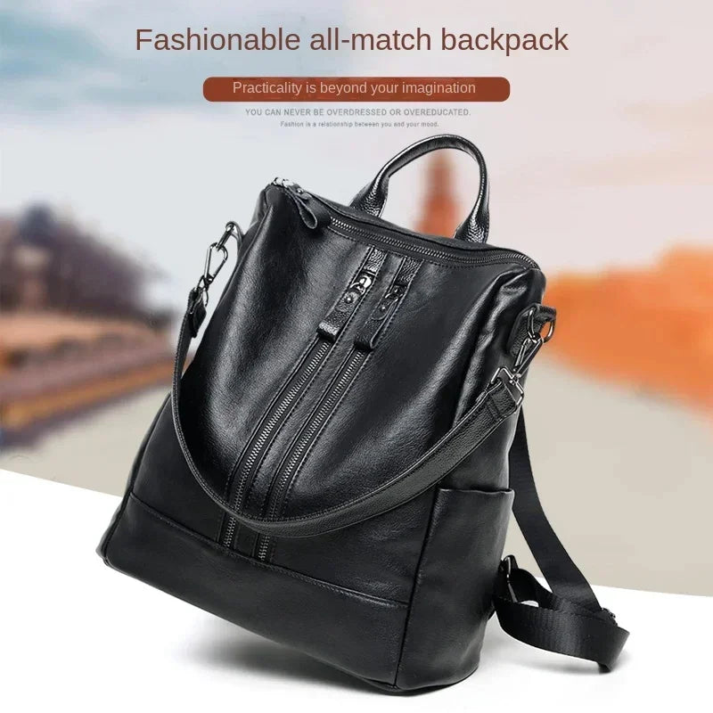 No-EN-Name-Null Women Lightweight Convertible Zippers Soft Black Faux Leather Travel Detachable Shoulder Straps-Two Handles Single 9-7 Inch IPAD Compartment Backpacks