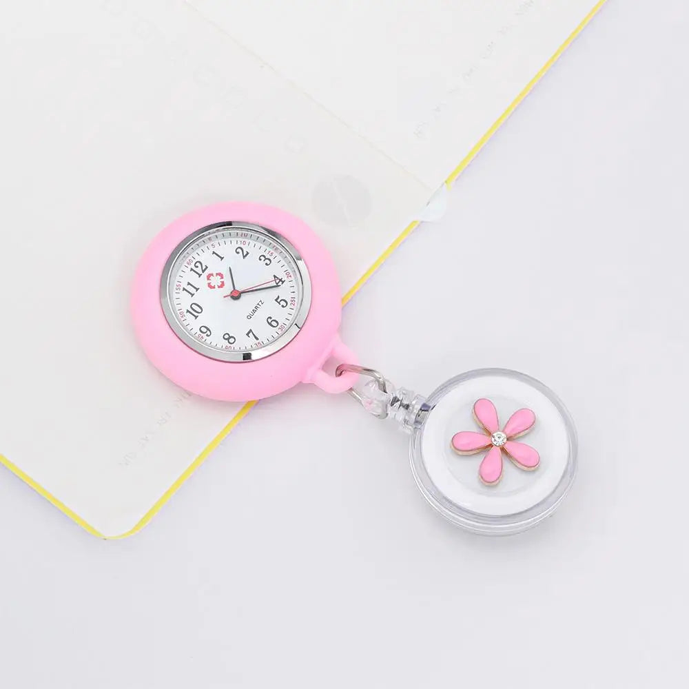 No-EN-Name-Null Adults Waterproof Glass Face Round Shaped Quartz Digital-Analog Display Nurse-Doctor Cute Flower Design Pink Silicone Cover Metal Alloy Case Clip-On Retractable Fob Pocket Watches/Colors-Pink/Black/Blue/White