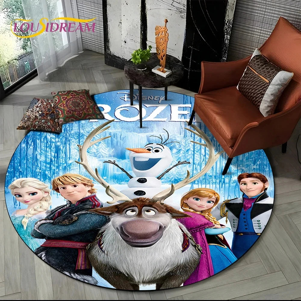 MINISO Indoor-Outdoor Kids Blue Background Round Shaped DISNEY'S Frozen II Movie Cartoon Anime Princess Elsa-Anna-Olaf Design Skid-Proof Bottom Polyester-Flannel Rugs/Colors-Blue/Red/Black/White