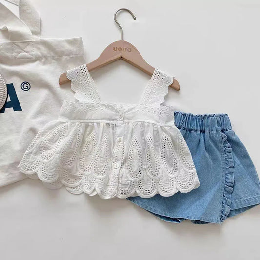 UIVSOUN Newborn Babies Girls-Toddlers Summer Breathable Easy-Snaps Triple Breasted Closure O-Neck Collar Cotton White Lace Sleeveless Shirts-Blue Denim Brace Skirt Sets/Ages: Newborn- 6 Years Old