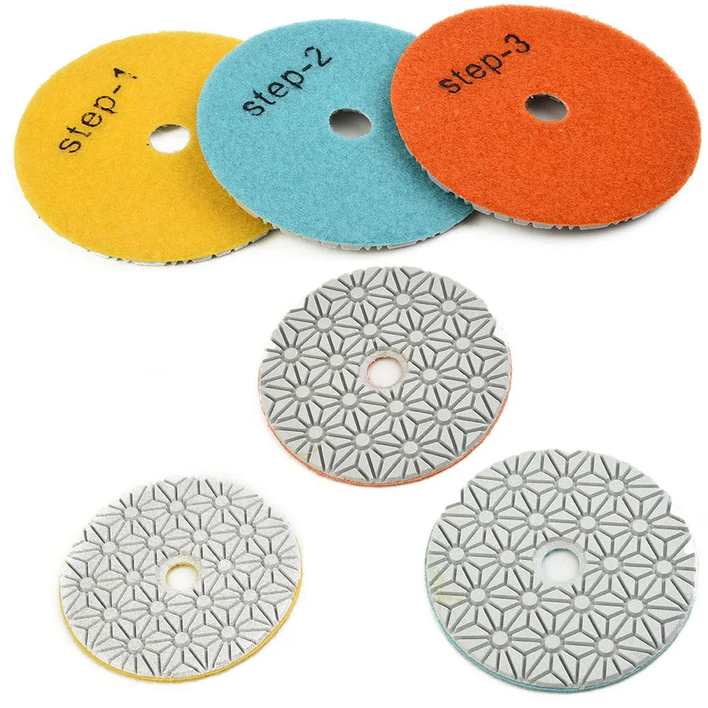 VIBRATITE Wear-Resistant Three-Steps 4 Inch Multicolor Round Shaped Geometric Synthesis Diamond Abrasive Grit Dry-Wet Resin Powder Polishing Pads