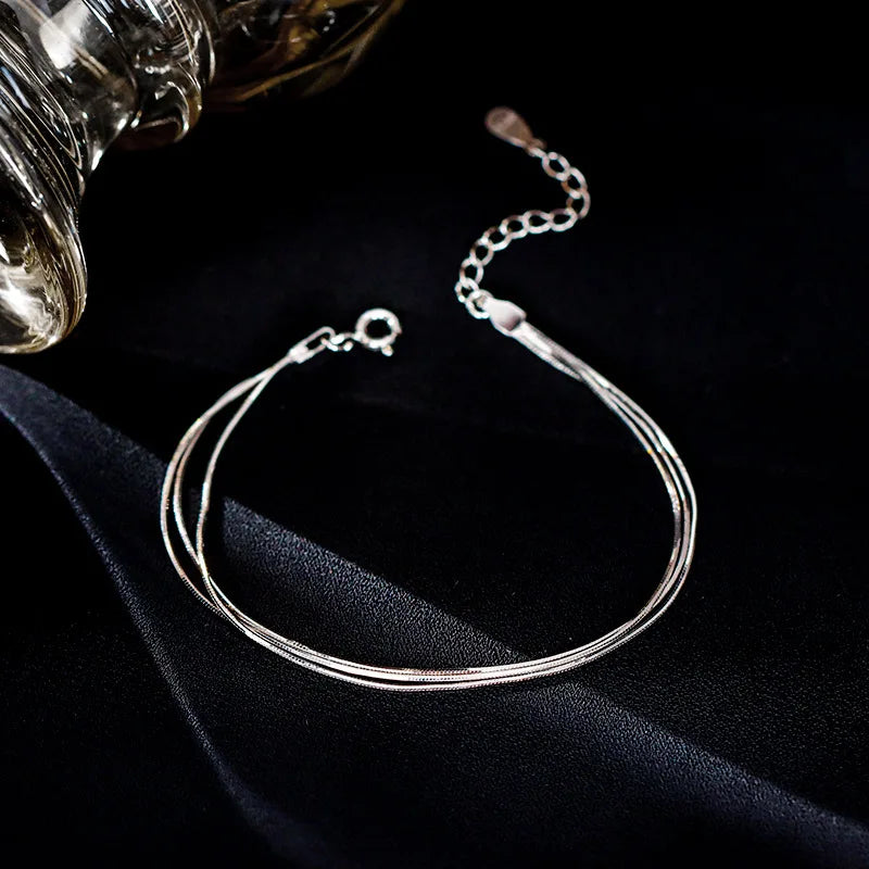 VENTFILLE Adult Women Fine Imitation Sterling Silver-Plated Metal Three-Layers Round O Rings Shaped Chain Charms Bracelets