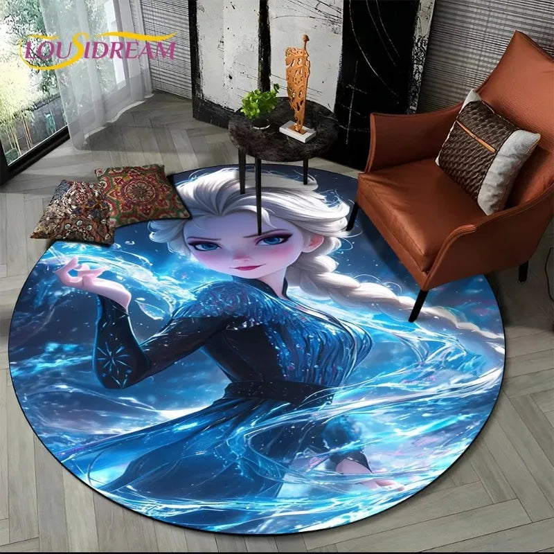 MINISO Indoor-Outdoor Kids Blue Background Round Shaped DISNEY'S Frozen II Movie Cartoon Anime Princess Elsa-Anna-Olaf Design Skid-Proof Bottom Polyester-Flannel Rugs/Colors-Blue/Red/Black/White