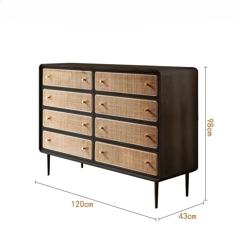 Brown Kitchen Storage Rattan Wood Sideboard w /Drawers/Doors