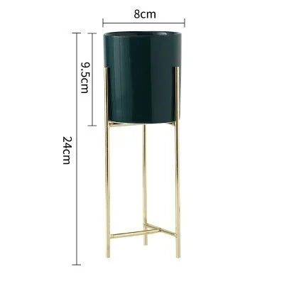 No-EN-Name-Null Indoor White Ceramic-Enamel Pot-Nordic Black Wrought Iron Metal Frame Base Round Shaped Flowerpots Planters /Colors-Gold/Green/White/Black