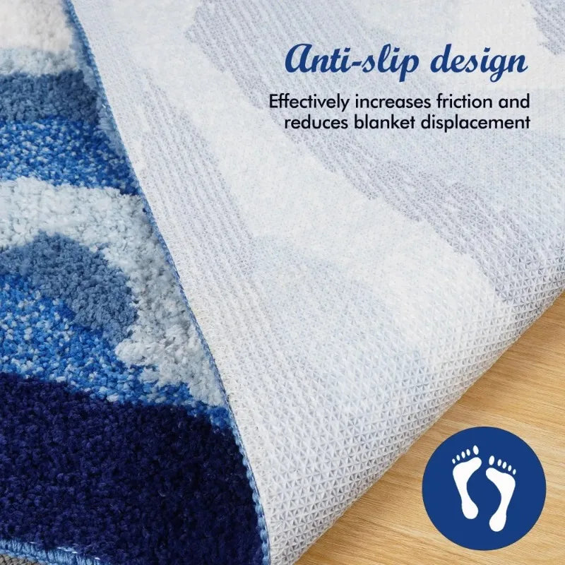 No-EN-Name-Null Indoor Modern Waterproof Washable Machine-Made Blue-White-Gray Soft Polyester Fabric Fade Resistant Coastal Aesthetic Blue Ocean Waves Anti-Slip Base Tufted Rugs/ 3 Sizes:  50x80cm / 50x120cm /70x160cm/Colors-Blue/White/Gray/Multicolor