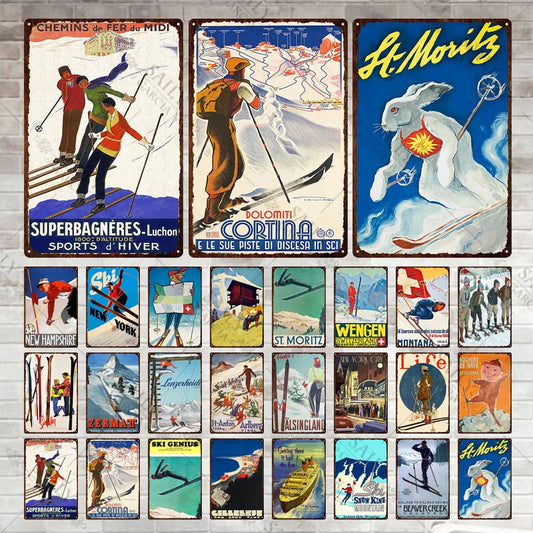 SAILY GARCIA Customized Rectangle Shaped American Retro Iron Metal Predrilled Holes Wall-Mounted Skiing Novelty Signs/Colors-Blue/Gray/Brown/Beige/White/Green/White/Multicolor