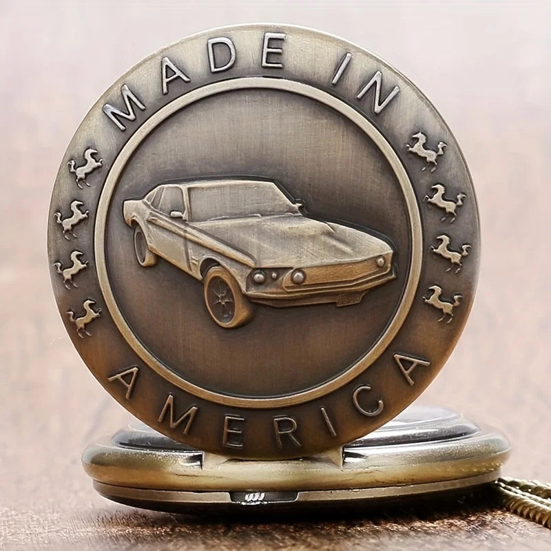 SOXY Adult Men Quartz Analog Display Glass Face Arabic Numeral Stainless Steel Metal Round Shaped Case Bronze Classic Antique Ford Mustang 4 Horses Standing Up Each Side Made In America Design Floral Back Bronze Chain-Pocket Watches