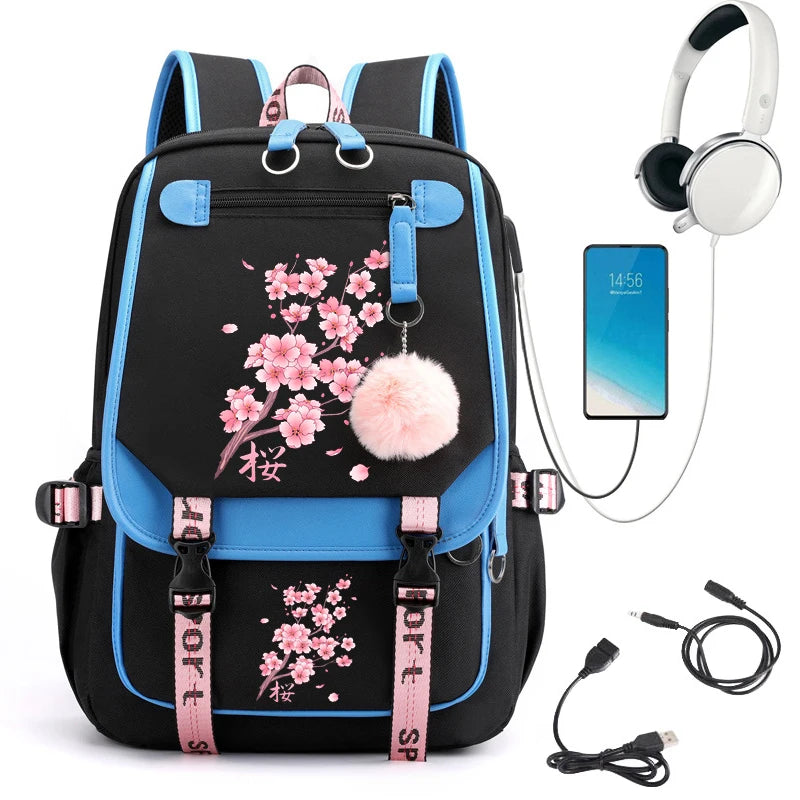 No-EN-Name-Null Women Black-Pink Cherry Blossoms External Double Front Pockets Multicolor Canvas Fabric Curve Back Metal Zipper USB Charging Nylon Lining Detachable S-Shaped Shoulder Straps-Handle School Backpacks/One IPAD Compartment/Side Pocket