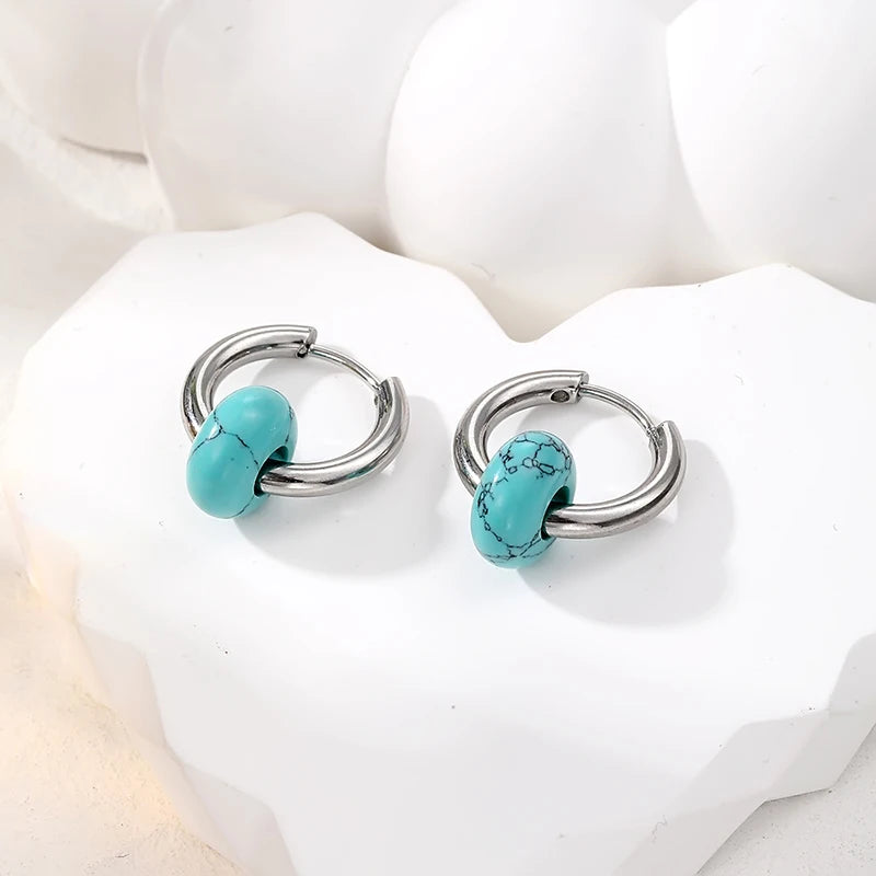 DAYOFF Adult Women Fine Imitation Silver Stainless Steel Metal Natural Green Stones Earrings/Colors-Green/Blue/Multicolor/Silver