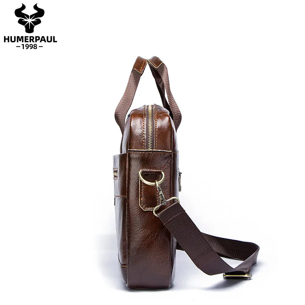 HUMERPAUL Men Modern Brown-Black Rectangle Cowhide Leather Metal Zipper External Pockets Polyester Lining Built-In 15 Inch Laptop Compartment Two Soft Handles-One Shoulder Strap Business Briefcases