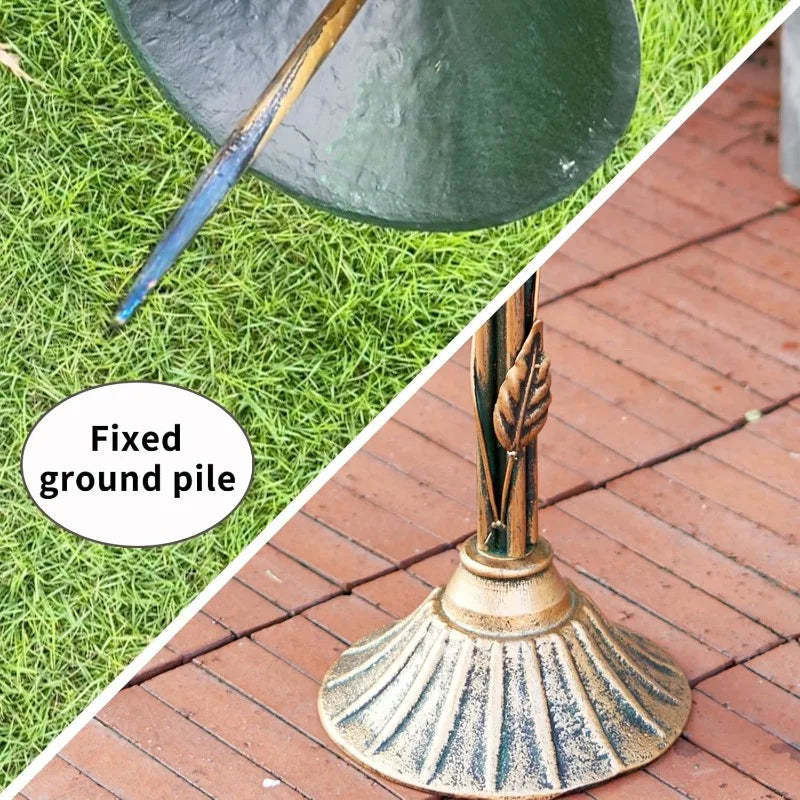 KIQUNE Outdoor Garden Deco Free-Standing Five-In One Antique Bronze Cast Iron Metal Trays-Small Round One Bird-Floral Leaves Base Bird Baths/Colors-Bronze/Gold/Geometric/Floral