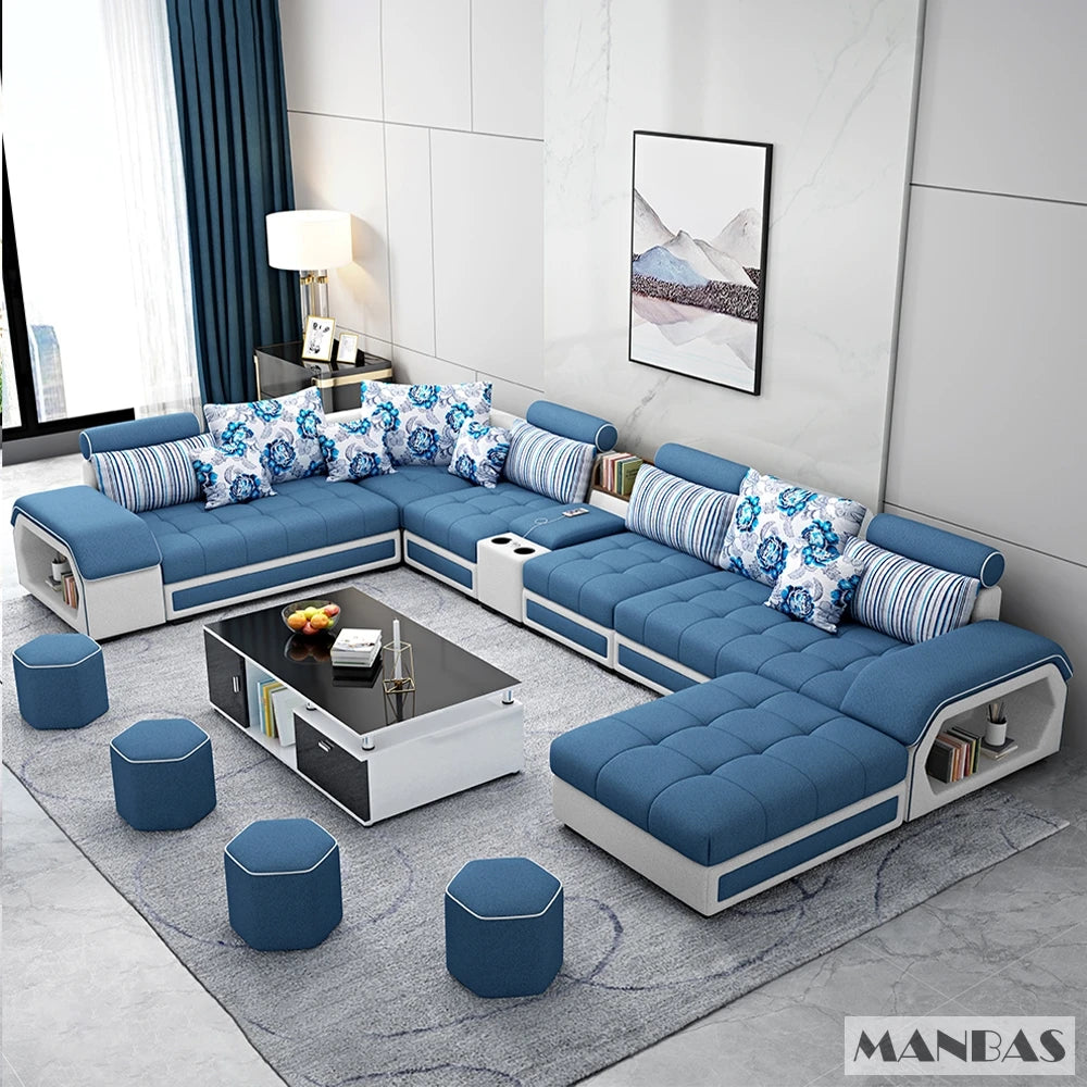 MINGDIBAO Modern U-Shape Medium Soft Firmness Fabric Sectional Sofa Sets/ Size: 240 x 400 x 80cm/ USB Port/Storage/4 Stools/Colors-Blue/Black/Khaki/Grey