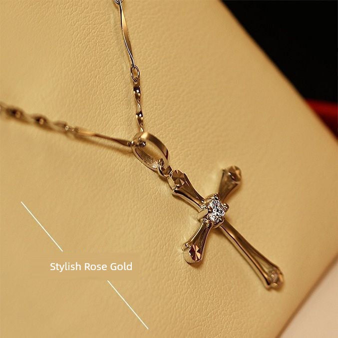WEIFENG SANDALWOOD Women Unisex Fine Imitation Sterling Silver-Rose Gold Metal Diamond-Like Geometric Clear White Stones Cross Shaped Pendant Clavicle Chain Necklaces