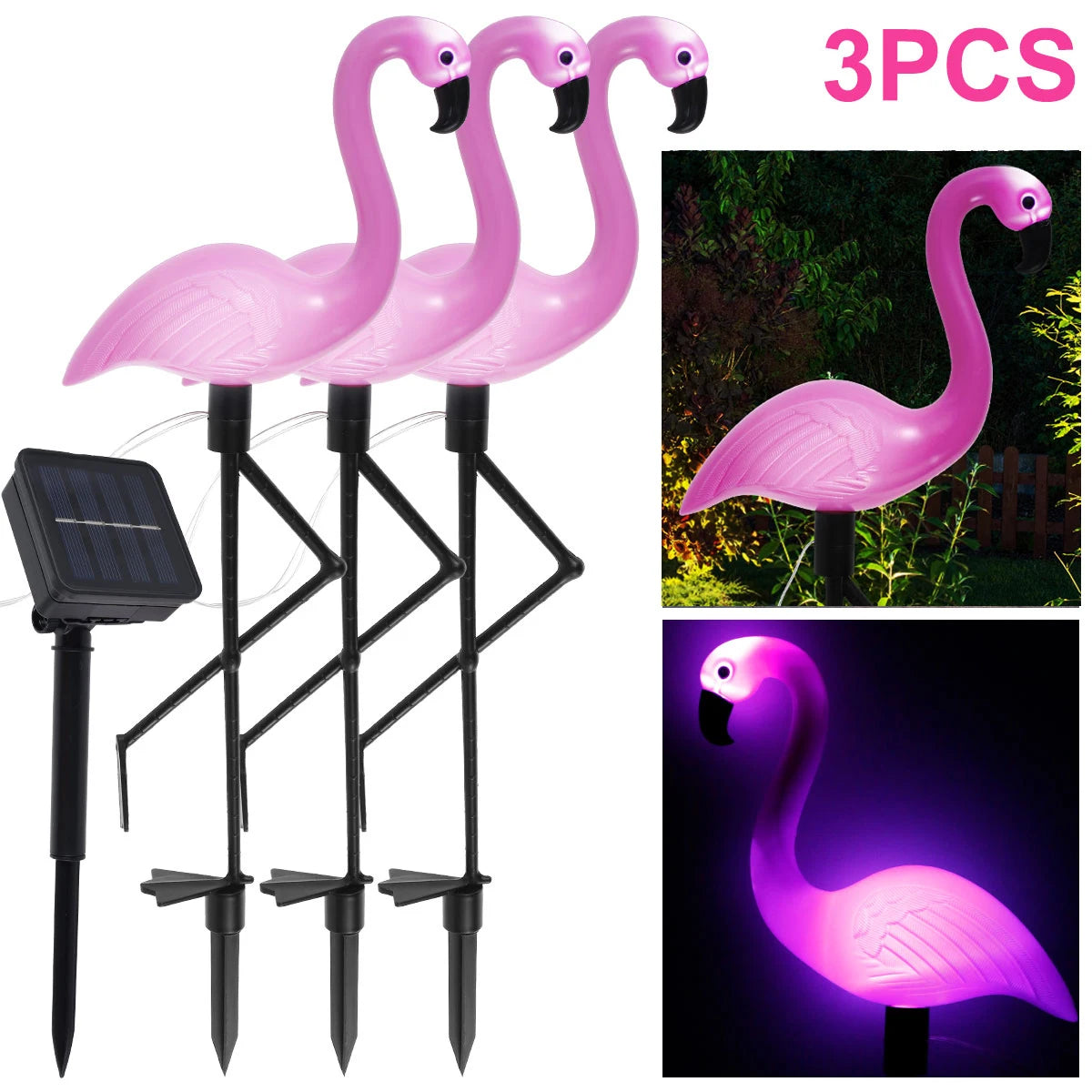 GHOPY 1-3 PCS Waterproof Solar-Powered Pink Flamingo Plastic Body Black Bent Long Legs Shaped Dimmable Stake Landscape Pathway Lighting Sets/Bulbs Included