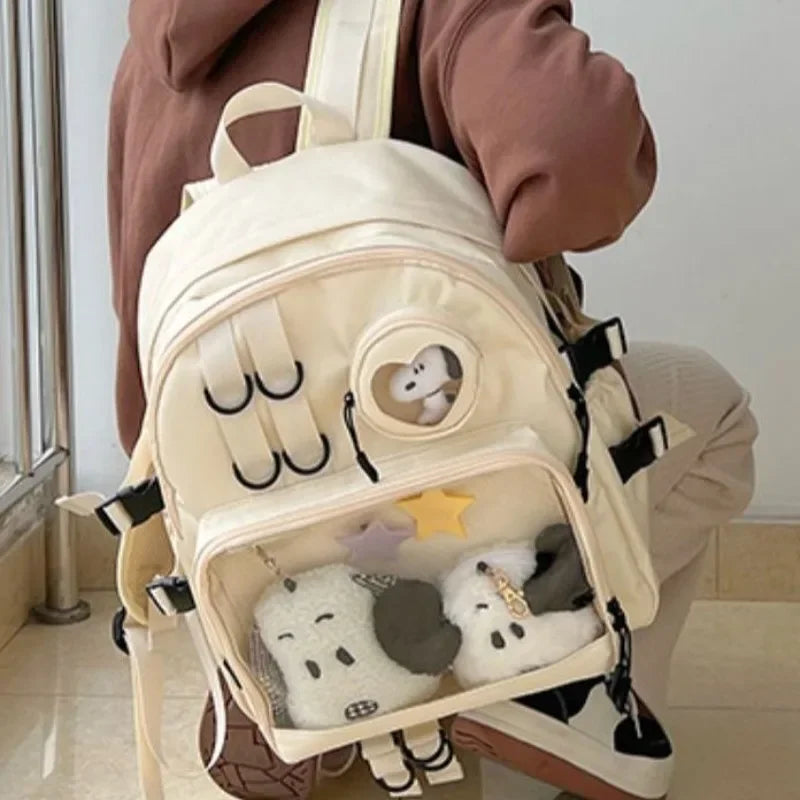 No-EN-Name-Null Teenage Girls Lightweight Waterproof Beige Canvas Fabric Anhui Clear Transparent Windows Shoulder Straps-Handle Built-In Compartment External Pockets School Backpacks/Colors-Beige/Black/Blue/White