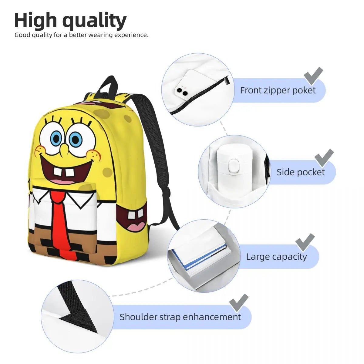 MINISO Kids Large Kindergarten Yellow SpongeBob Sturdy Square Pants Design Front Zippers Lightweight Waterproof Canvas Fabric Black Adjustable Shoulder Straps-Handle External Pockets Single Compartment School Backpacks/Colors-Yellow/Multicolor