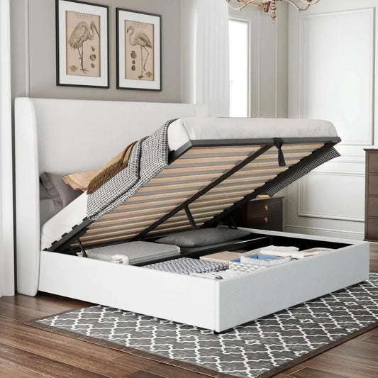 ANGDUO Modern Lift Up Upholstered High Wingback Linen Fabric Headboard Metal Frame King Size Platform Beds/Large Hydraulic Storage/No Box Spring Needed/ Dimensions: 84.25"L x 80.51"W x 51.18"H/Colors-White/Beige/Gray