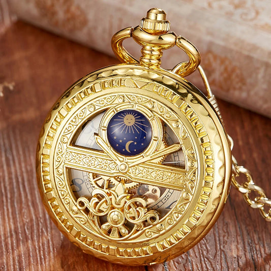 GORBEN Adults Mechanical Hand-Winding Glass Face Black-Sliver-Gold Round Stainless Steel Metal Case Analog Display Hollow-Out Skeleton Dial Blue Night Sky-Half Moon-Stars-Sun Design Analog Display Chain-Pocket Watches/With Box-Without Box