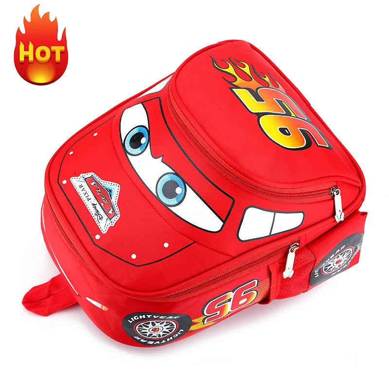 MINISO Kids Kindergarten Cute Cartoon Disney CARS Movies-TV Design Double Zippers Anti-Splashing Waterproof Red-Blue Nylon Fabric Shoulder Straps Exterior Pockets Side Water Bottle Holder School Backpacks