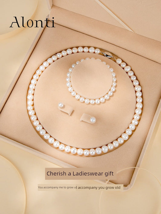 YALENDI Adult Women Imitation Natural White Pearl Necklace-Bracelet-Two Earrings Silver Sterling Metal Ball Chain Fine Jewelry Sets/Colors-White/Silver