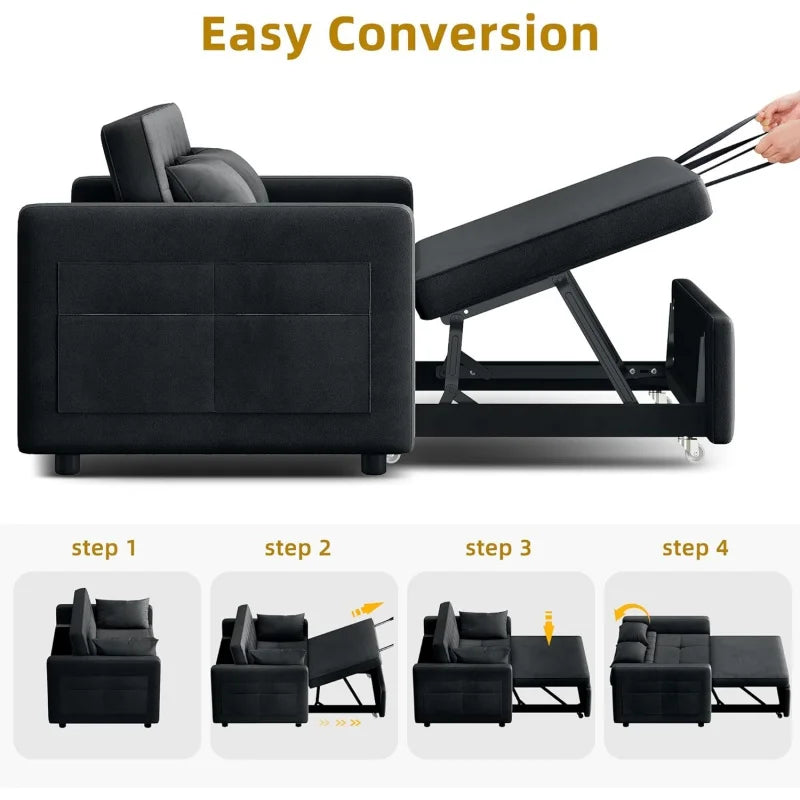 YUJINGXI Indoor Black Modern Morocco Medium Firmness 3-in-1 Sleeper Pull-Out Adjustable Backrest Soft Plush Velvet Fabric Cushions Side Pocket Futon Couches/Colors-Gray/Beige/Black