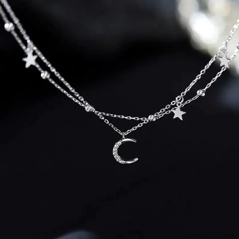CHUHAN Women Sterling Silver-Plated Metal Geometric Double Layer Stars-Half Moon-Silver Tiny Bead Balls Charm Fine Imitation Chain Bracelets