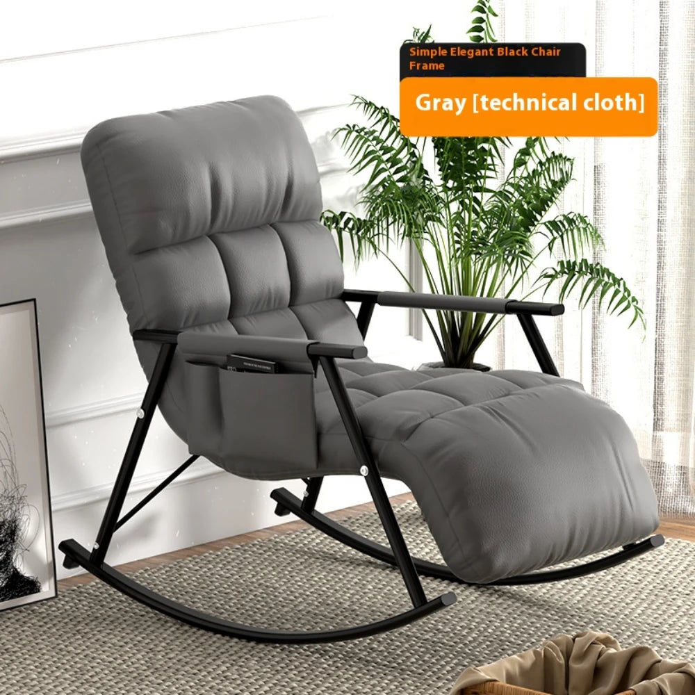 No-EN-Name-Null Modern Indoor-Outdoor Waterproof Five Gears Height Adjustments Linen-Velvet Soft Faux Leather Fabric Anti-Tipping Foldable Reclining Lazy Black Metal Frame Rocking Chairs/Colors-Beige/Orange/Gray/Side Pockets