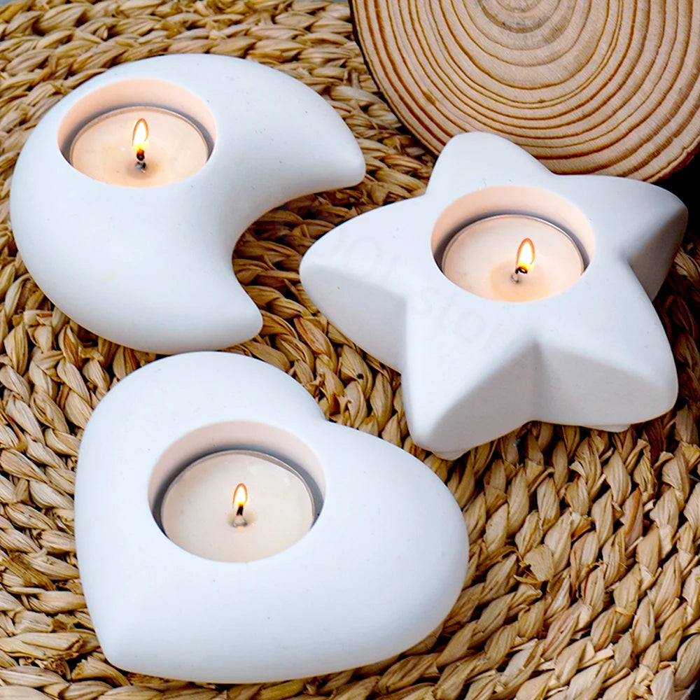 3D Tea Light Candleholder Silicone Concrete Milky White Molds/ Star-Moon-Heart Shape