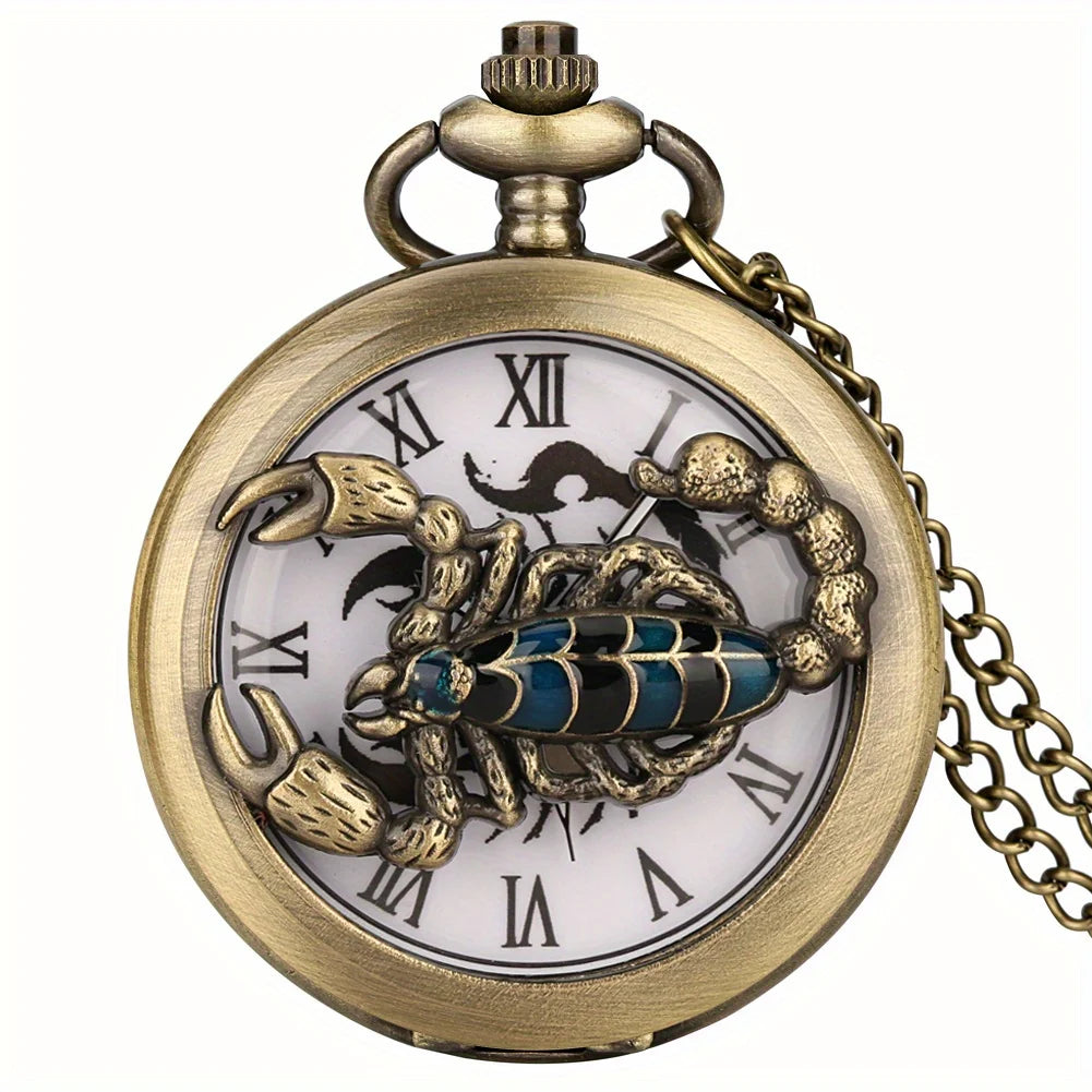RUNERR Adults Men Vintage Quartz Glass Face Bronze Round Metal Alloy Case Roman Numeral Electronic Drive Mode Scorpion Arachnida Hollow-Out Punk Analog-Digital Display Necklace Chain-Pocket Watches