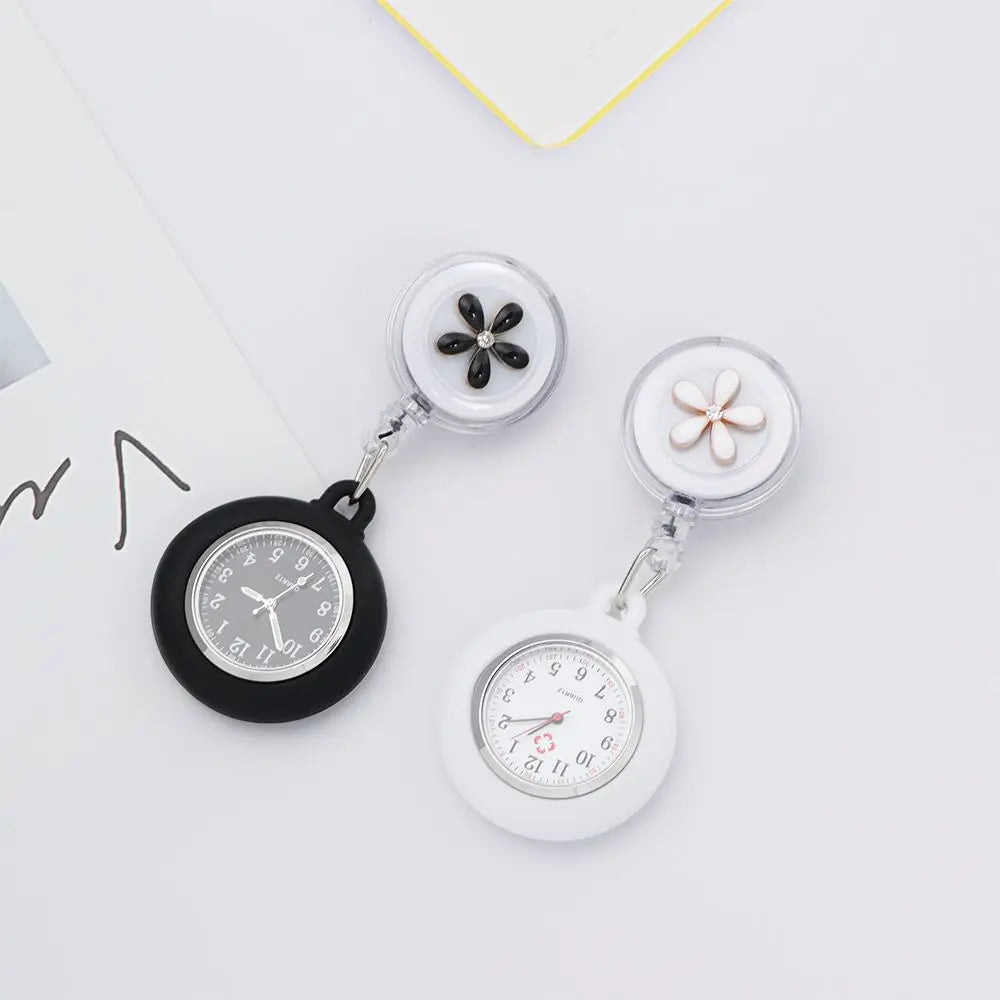 No-EN-Name-Null Adults Waterproof Glass Face Round Shaped Quartz Digital-Analog Display Nurse-Doctor Cute Flower Design Pink Silicone Cover Metal Alloy Case Clip-On Retractable Fob Pocket Watches/Colors-Pink/Black/Blue/White