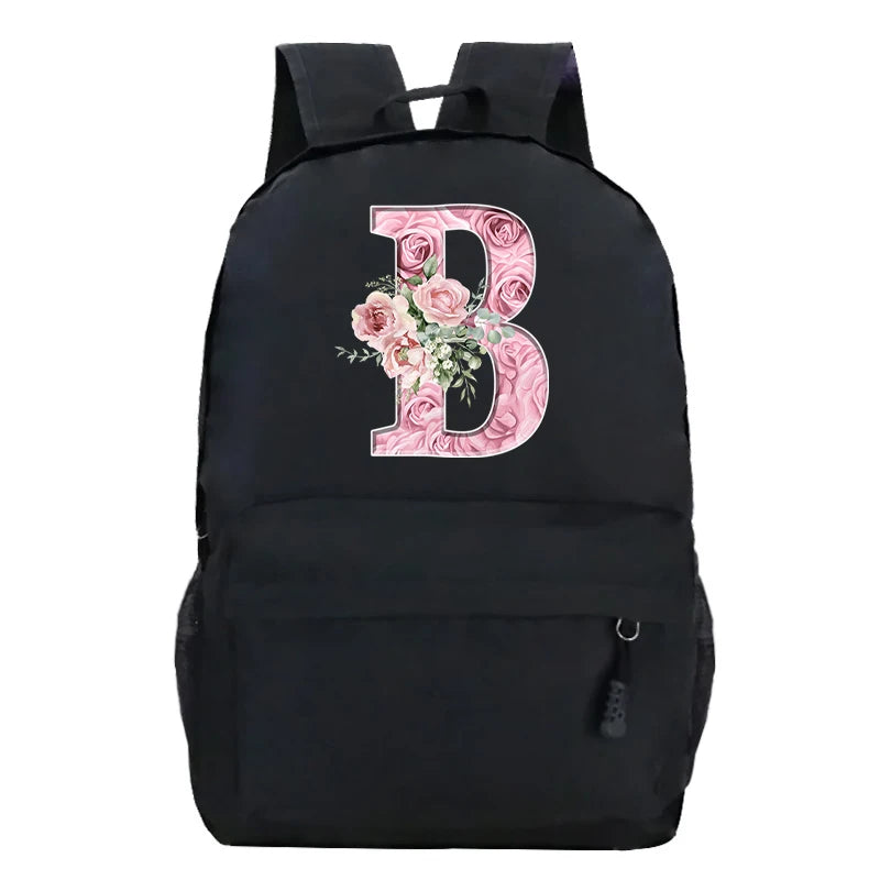 No-EN-Name-Null Waterproof Large Black Softback Nylon Fabric Printed Floral Pink Rose First Name Initial Letter Curved Back Zipper Canvas Lining Built-In Laptop Compartment Shoulder Straps-Handle Zippered External Pockets School Backpacks