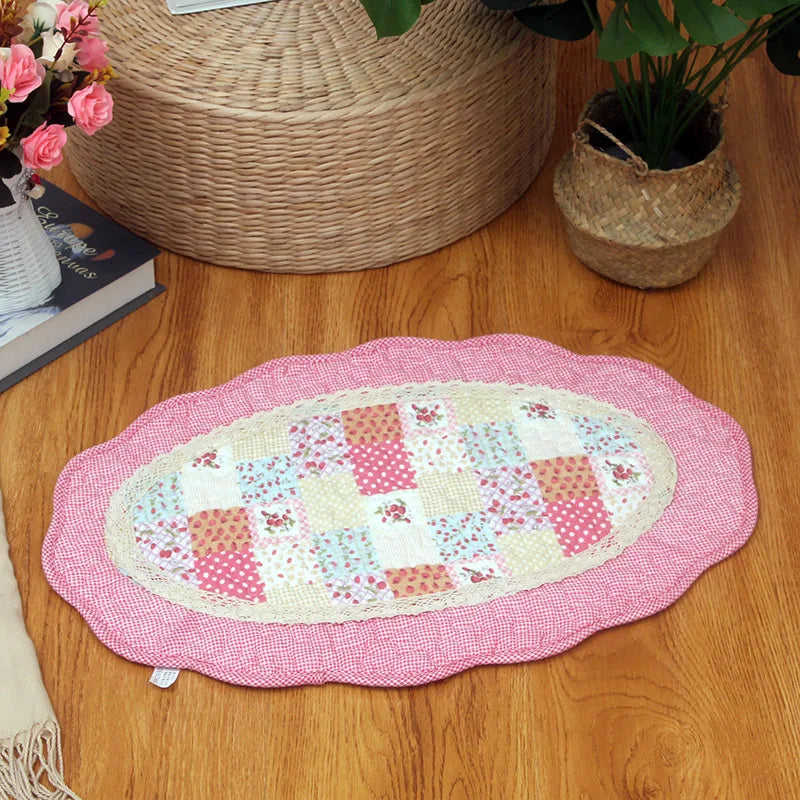 No-EN-Name-Null Indoor Non-Toxic Waterproof Fade Resistant Cotton Fabric Quilted Patchwork Floral Design Hand-Knotted Flatweave Anti-Slip Base Oval Floor Mats-Rugs/Hand-Machine Wash/Colors-Floral/Dots/Striped/Checkered/Multicolor