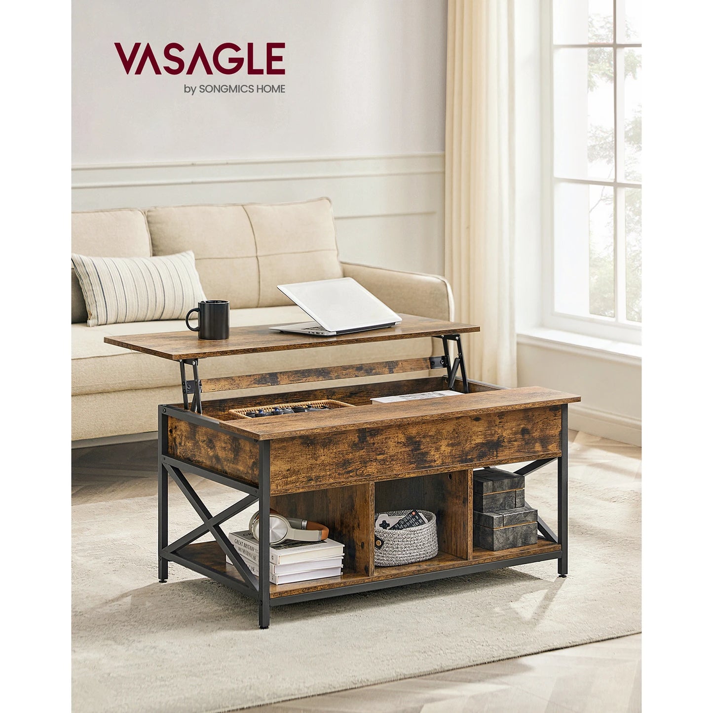 VASAGLE Modern Rustic Brown Lift-Up Wood Table Top Hidden Storage Steel Metal X-Shaped Bars Frame Coffee Tables/Colors-White/Beige/Rustic Brown