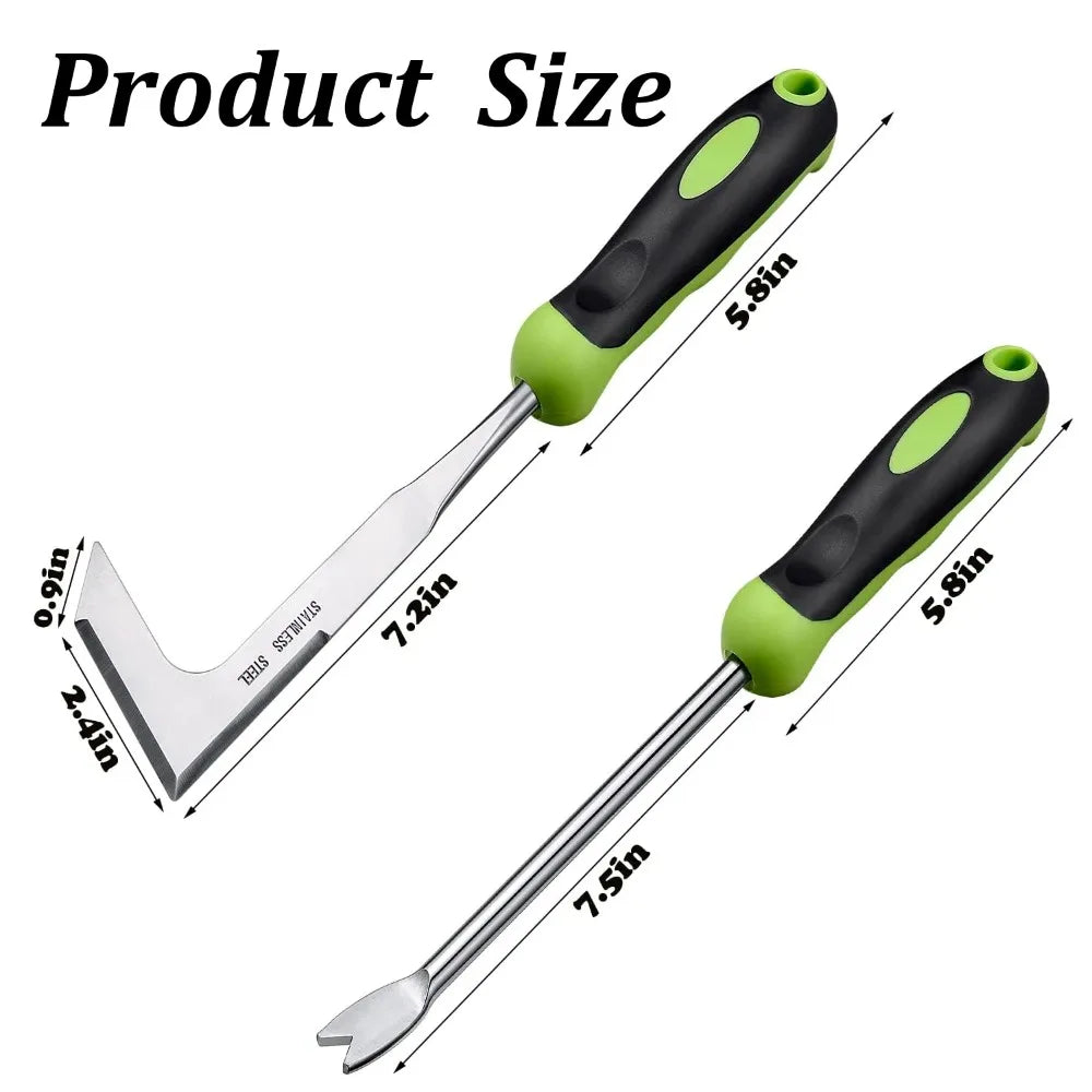 NINTH WORLD Outdoor 2 PCS Anti-Slip Grip Long Length Green-Black Rubber Handle L-Shaped Uncoated  Stainless Steel Handheld Manual Weed-Root Cultivating Tools Sets