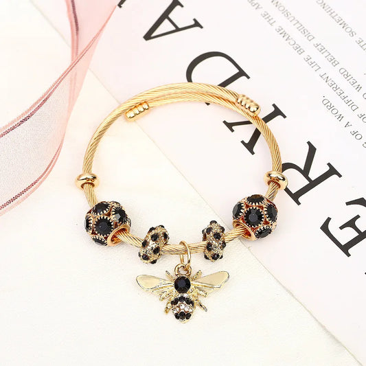 Women Round Titanium Steel Metal Inlay Imitation Crystal Rhinestone Bee Shape Gold-Black Balls Toggle-Clasps Bangle Charm Bracelets/Colors-Gold/Silver/Red/Clear/Pink/Geometric