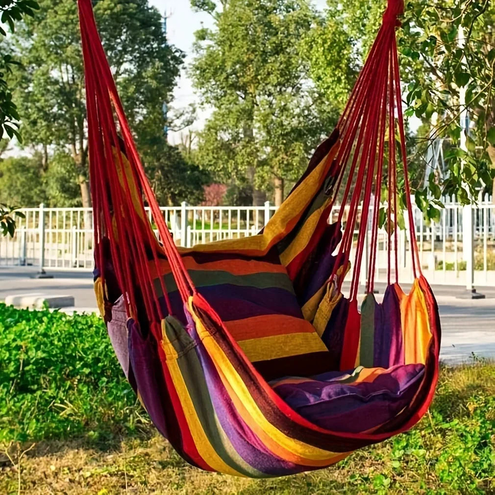 No-EN-Name-Null Outdoor Striped Red One Person Handmade Soft Durable Breathable Densely Woven Cotton Canvas Fabric Hanging Hammock Solid Seat Swing Chairs/ 200KG Load Bearing/Colors-Red/Striped/With Pillow-Cushion/NO Pill-Rip/Weight Max : 400LBS